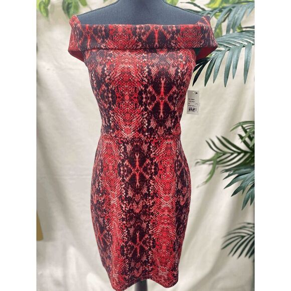 Crystal Doll Juniors' Women's Python-Print Off-The-Shoulder Dress - Red L - Picture 2 of 7